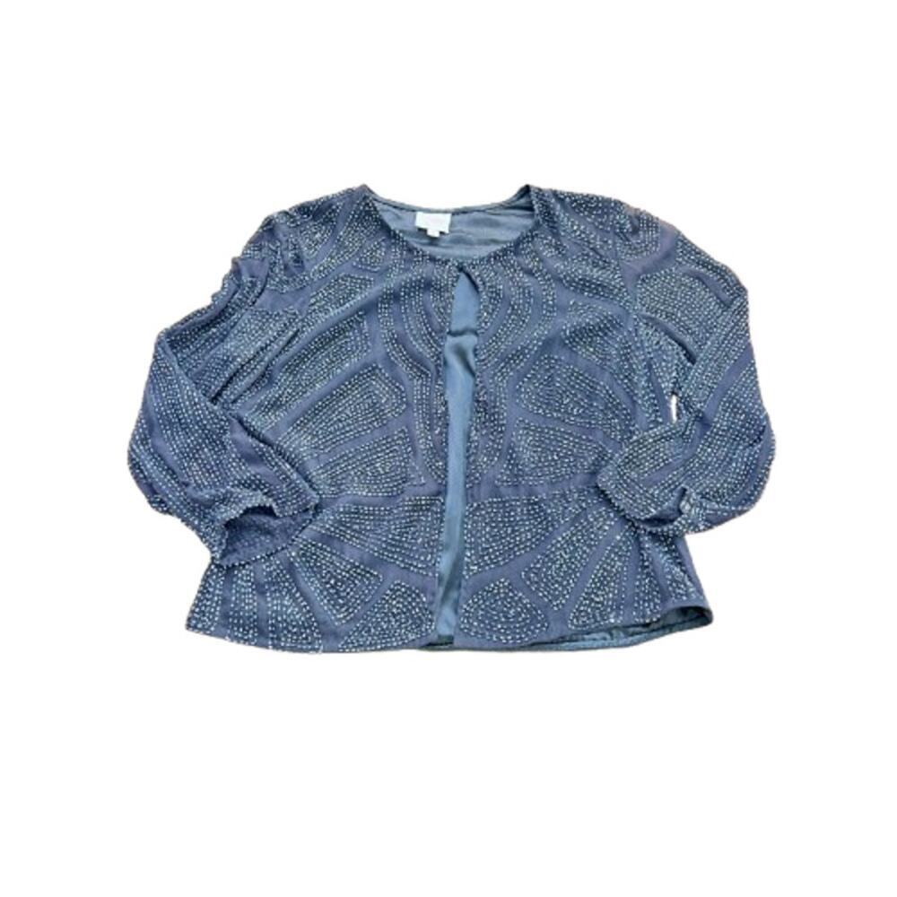 PARKER Women's Gray 100% Silk Beaded Sheer Sleeve Dressy Jacket Size Medium